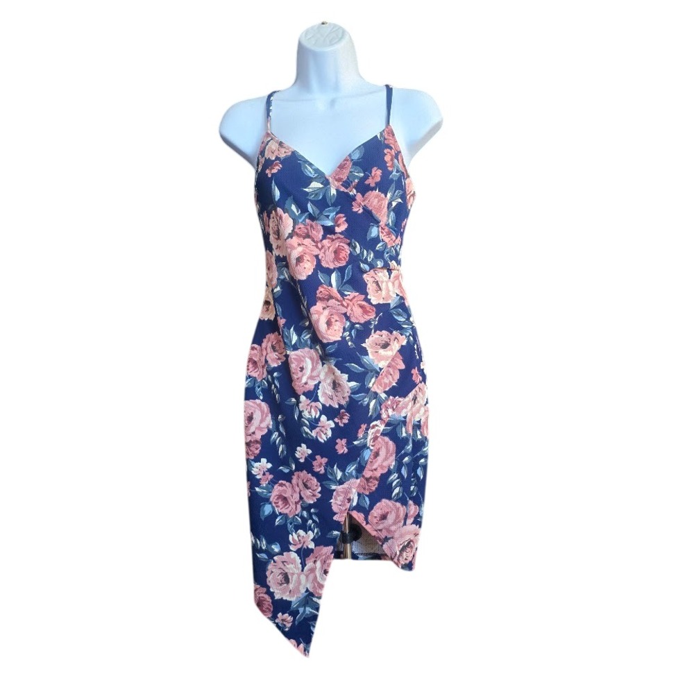 Love J Floral Wrap‎ Bodycon Dress Womens M Navy Pink Asymmetrical Ruched Party